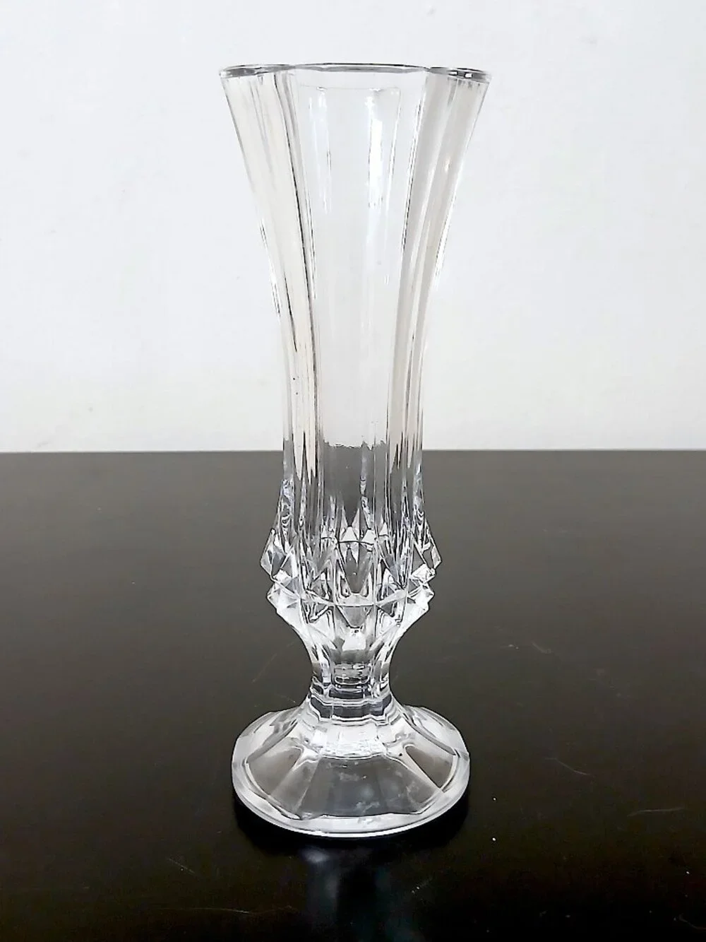 Vintage Clear Crystal Bud Vase Faceted Scalloped Rim Pedestal 6.75